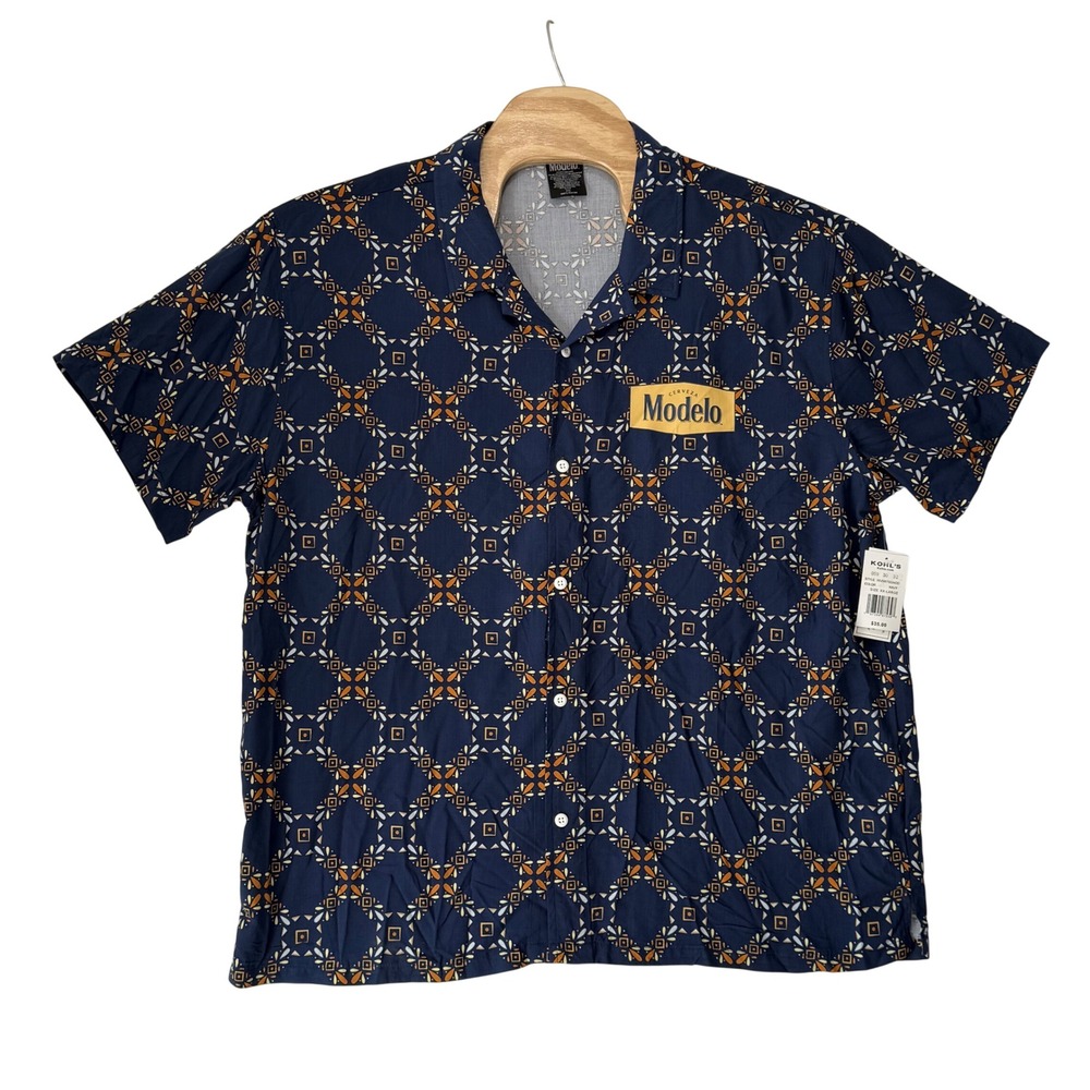 Modelo Mens 2XL Button Down Shirt Navy Blue Rayon Geometric Logo Camp Summer NWT